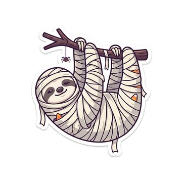 Cute sloth dressed as a mummy hanging from a tree branch for Halloween