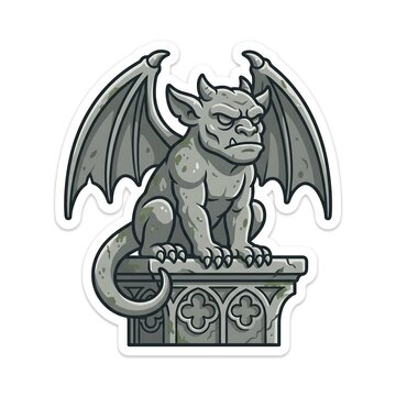 Stone gargoyle statue perched on a gothic ledge as a halloween sticker design