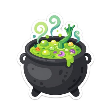 Witch cauldron with bubbling green potion and frog leg as a Halloween sticker