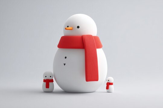 Isometric view of a large snowman with a red scarf and two tiny figures beside it, winter fun concept, 3D illustration