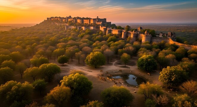 Aerial view of Ranthambore Fort in Rajasthan at sunset with golden light