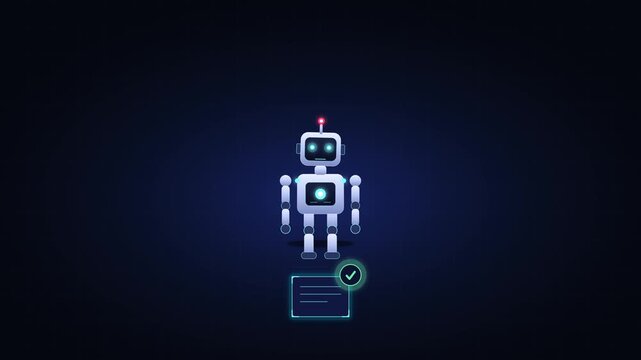 Modern animated AI robot assistant with glowing eyes performing a scanning motion. Friendly humanoid robot in clean tech style perfect for AI product demos, chatbot presentations, futuristic explainer