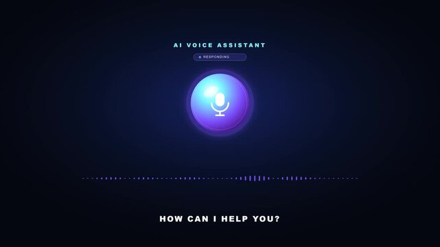 Modern animated AI voice assistant with pulsing audio waveform, glowing orb, and voice response. Perfect for AI product demos, smart speaker content, voice recognition explainers, virtual assistant pr