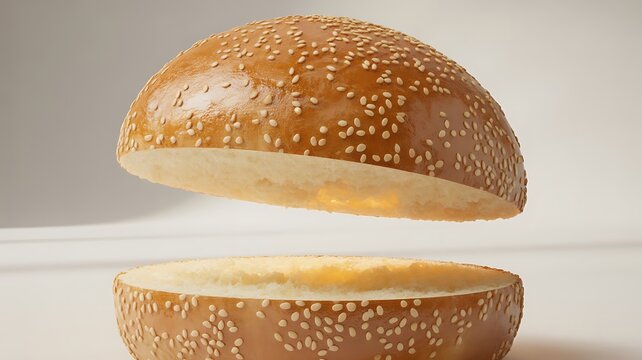 Sesame Burger Bun Halves Floating and Isolated on Clean White Background