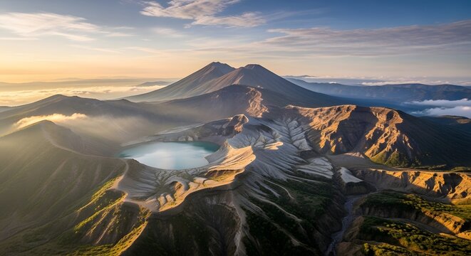 Aerial view of Ijen volcano crater lake at sunrise in East Java Indonesia