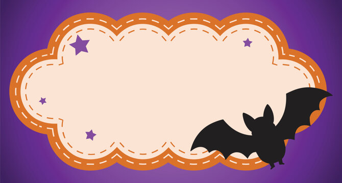 Decorative halloween holiday frame with a cute bat silhouette and purple background for seasonal party invitation design