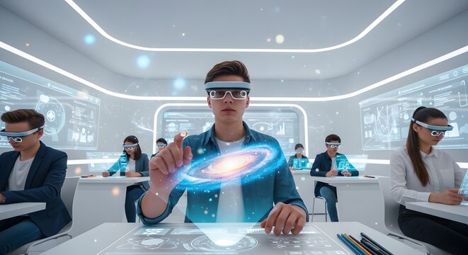 Young Students Experiencing Future Education in a Modern Classroom, Utilizing Augmented Reality Headsets and Holographic Displays to Interact with Digital Content and a Galactic Projection, Ideal