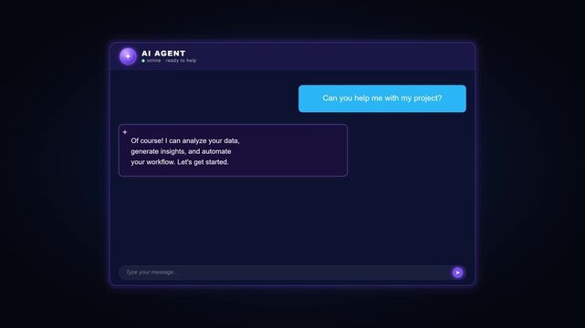 Modern animated AI agent chat interface showing a user sending a message and receiving an intelligent response with typing indicator. Perfect for AI product demos, chatbot presentations, SaaS explaine