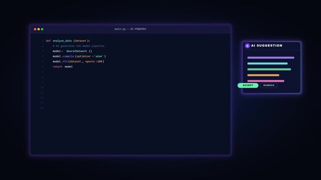 Modern animated AI code generation showing code being typed character by character with an AI suggestion panel appearing. Perfect for developer tools, programming tutorials, tech product demos, softwa