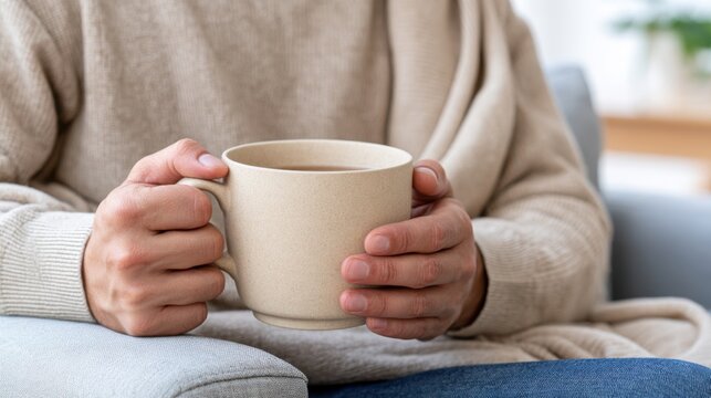 Person wearing beige sweater holds a ceramic cup of hot beverage while sitting on a light-colored sofa in a cozy indoor setting with soft lighting