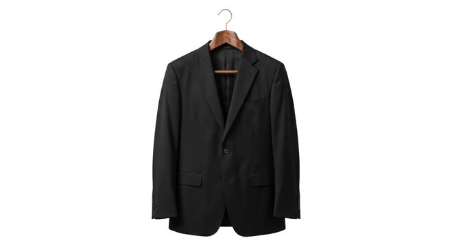 Classic black suit jacket tailored for formal business attire hanging on a wooden hanger isolated