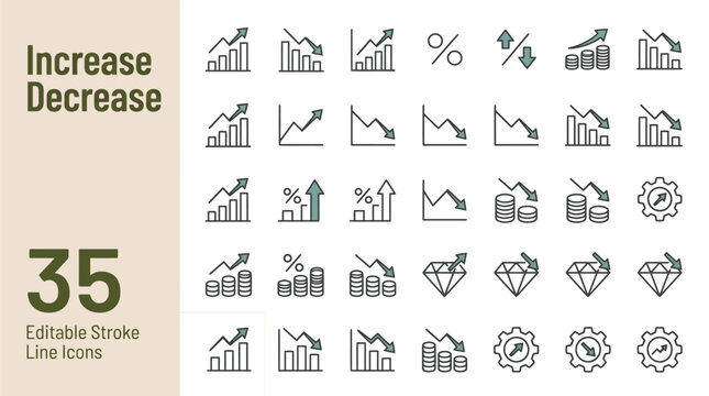 Financial increase and decrease line icons featuring graphs and data points for modern business infographic design