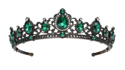 Ornate dark metal tiara with large teardrop emeralds and small diamonds, isolated on transparent background © PAPADOMUS