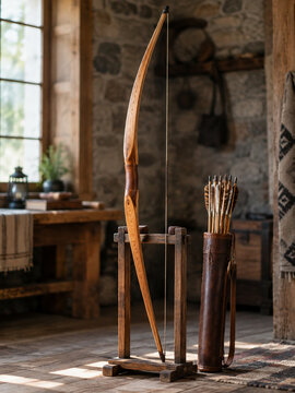 A tall longbow standing upright on a wooden rack with a quiver of arrows beside it.