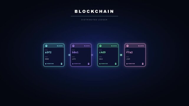 Modern animated blockchain visualization showing connected blocks with mining effect, hash values, and data flow. Perfect for cryptocurrency presentations, blockchain explainers, fintech content, Web3