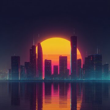 Cityscape skyline at sunset with vibrant neon lights reflecting on water in a synthwave style