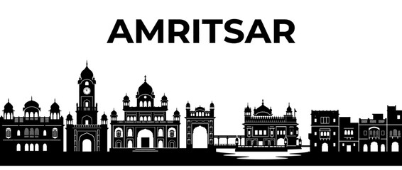 Obraz premium Amritsar India City Skyline Silhouette Illustration featuring Golden Temple and Sikh Architectural Landmarks Isolated on White Background
