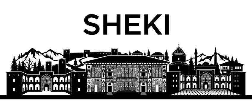 Sheki Azerbaijan City Skyline Silhouette with Palace of Shaki Khans and Caucasus Mountains, Black and White Vector Stencil of Historic Landmarks