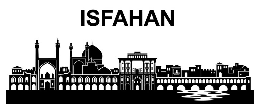 Isfahan City Skyline Silhouette Iran, Black Stencil of Persian Landmarks including Shah Mosque and Si-o-se-pol Bridge isolated on White Background