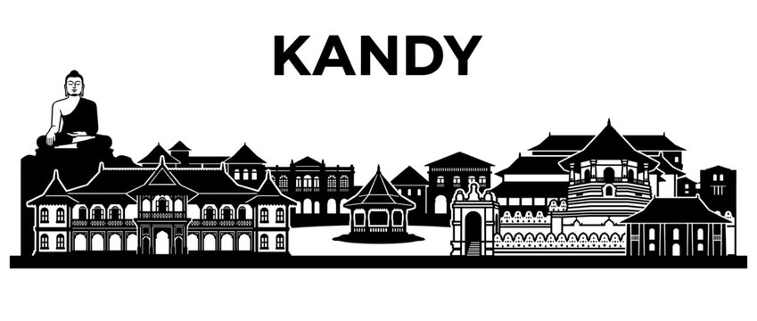 Kandy Sri Lanka City Skyline Silhouette Vector Illustration with Temple of the Tooth Relic and Buddha Statue Isolated on White Background
