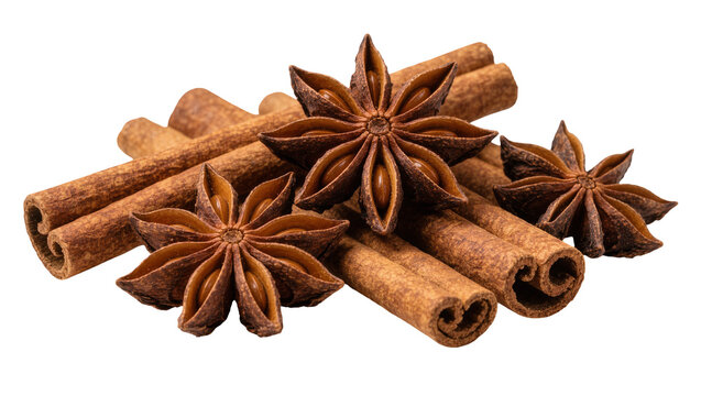 Brown cinnamon sticks and star anise spice blend, isolated on transparent background