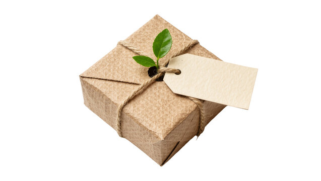 Brown kraft paper gift box with twine green sprout and blank tag, isolated on transparent background