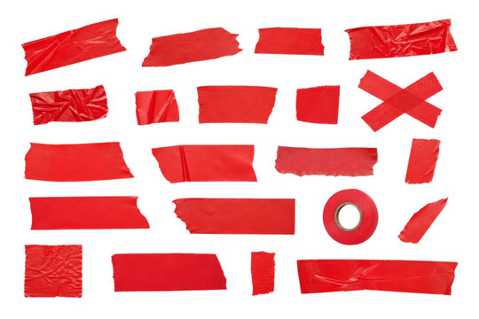 Collection of red adhesive tape strips and a roll isolated on a clean white background