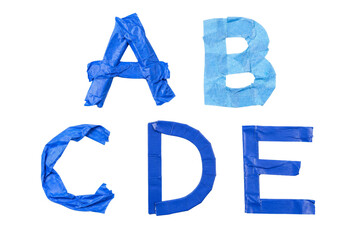 Letters A B C D E formed from blue adhesive tape isolated on a clean white background surface © Sapphire