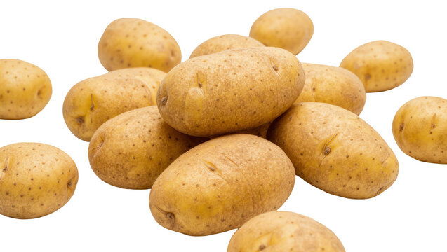 Pile of raw earthy brown potatoes with textured skin, isolated on transparent background