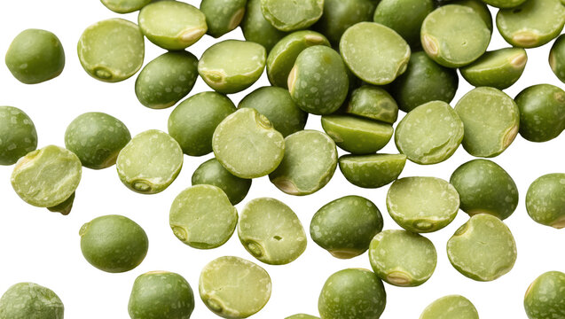 Pile of dried green split peas some halved, isolated on transparent background