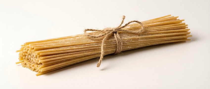 Bundle of dried spaghetti pasta tied with twine