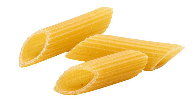 Three dry penne rigate pasta tubes with ridged texture, isolated on transparent background