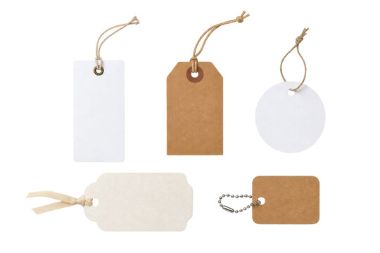 Collection of blank cardboard and paper price tags with various strings and metal attachments