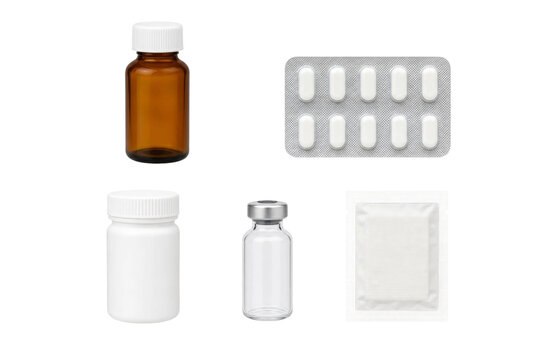 Collection of various medical supplies including pill bottles and pharmaceutical packaging items