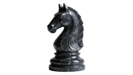 Ornate black marble chess knight piece with detailed carvings, isolated on transparent background © PAPADOMUS