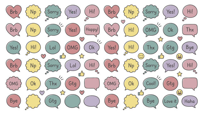 Colorful speech bubble and heart stickers with common chat abbreviations.
