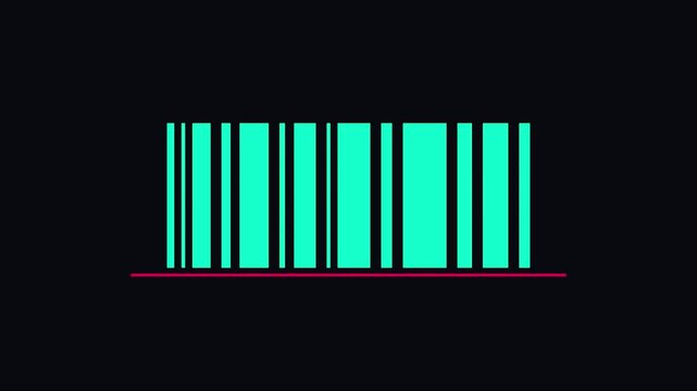 Digital barcode scanning animation with glowing cyan lines on 4k black background, technology