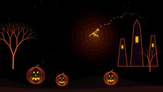 Witch flying on broomstick around spooky pumpkin patch with glowing night castle background motion.