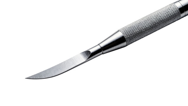 Sharp metal scalpel with textured handle, isolated on transparent background
