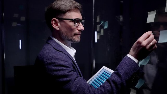 Businessman analyzing data on a digital tablet, managing business strategy, developing new ideas, brainstorming solutions, and planning project execution in a modern office