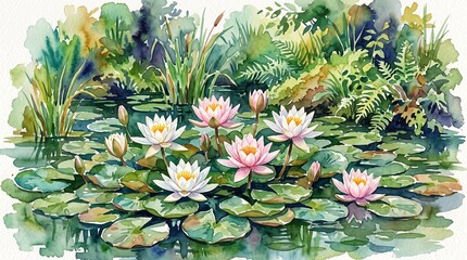 Fototapeta premium Watercolor painting of a serene pond filled with blooming white and pink water lilies and lush green foliage