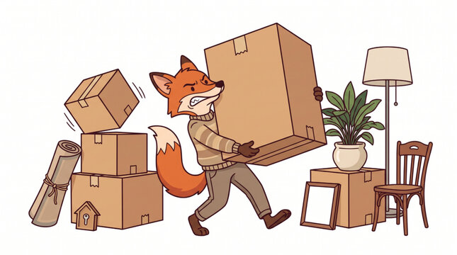 Cute fox carrying a cardboard box while moving house in a whimsical forest scene
