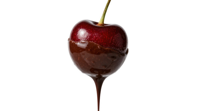 Dark red cherry dipped in melted dark chocolate, isolated on transparent background