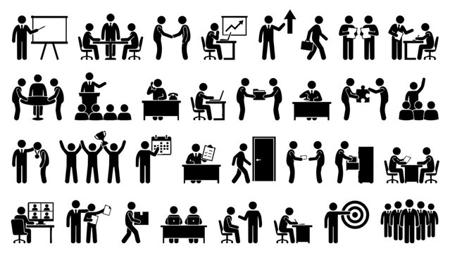 企業経営・事業運営の多様な仕事場面を四行八列に配置した黒い人物ピクトグラム三十二種セット