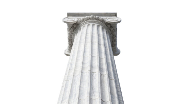 Ornate white marble Ionic column capital and shaft, isolated on transparent background
