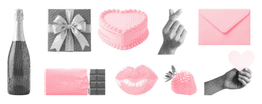 Valentine's day. Halftone torn out collage elements set with heart shapes, hands, mouth. Gift, love letter, sweets. Trendy vintage collage vector illustration