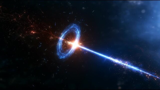 Bright beams of light move steadily across the dark expanse of space with swirling energy and cosmic colors