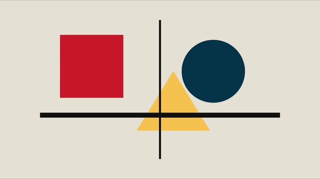 Minimalist bauhaus style motion with geometric shapes, red square, yellow triangle, and blue circle on abstract animation 4k background