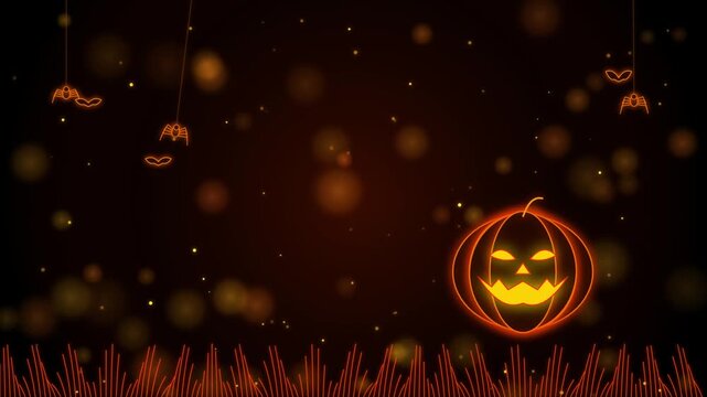 Neon halloween pumpkin and bats with glowing particles and equalizer motion background loop.