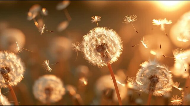 Seeds float softly in warm light over a field filled with dandelions as day turns to evening.